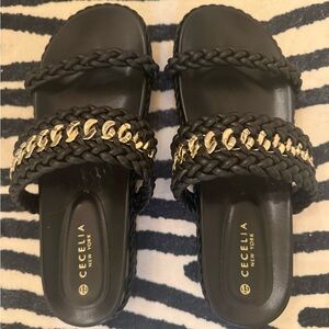 CECELIA NEW YORK Black Braided Slide Sandals with Gold Chain